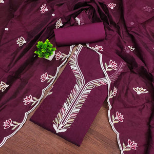 Luxurious Wine Chanderi Cotton Dress Material With Floral Thread Embroidery & Sequins Work