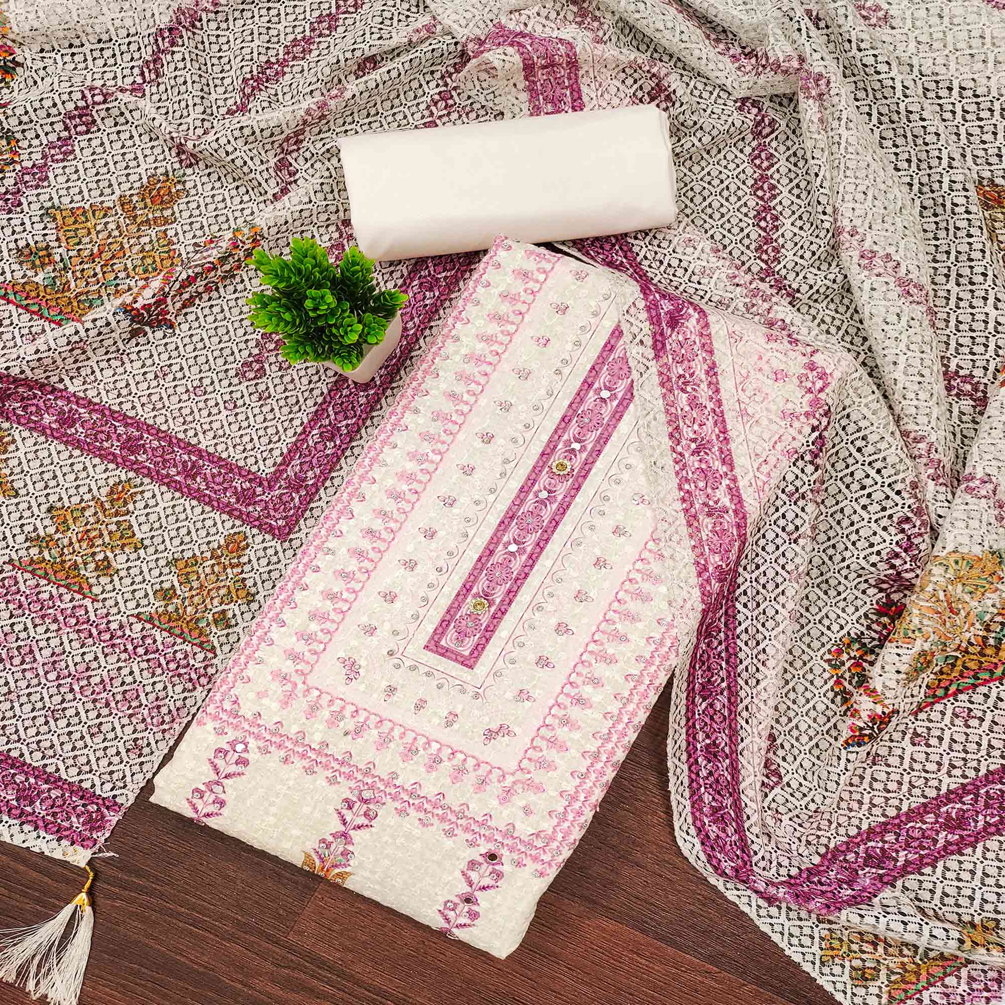 Off-White and Pink Unstitched Suit Material with Classic Schiffli Detailing