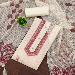 Off-White and Maroon Unstitched Suit Material with Classic Schiffli Detailing