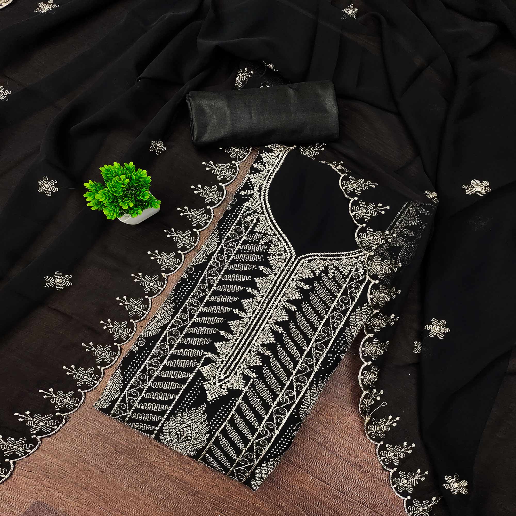 Heavy Thread Embroidered Black Georgette Unstitched Suit Material