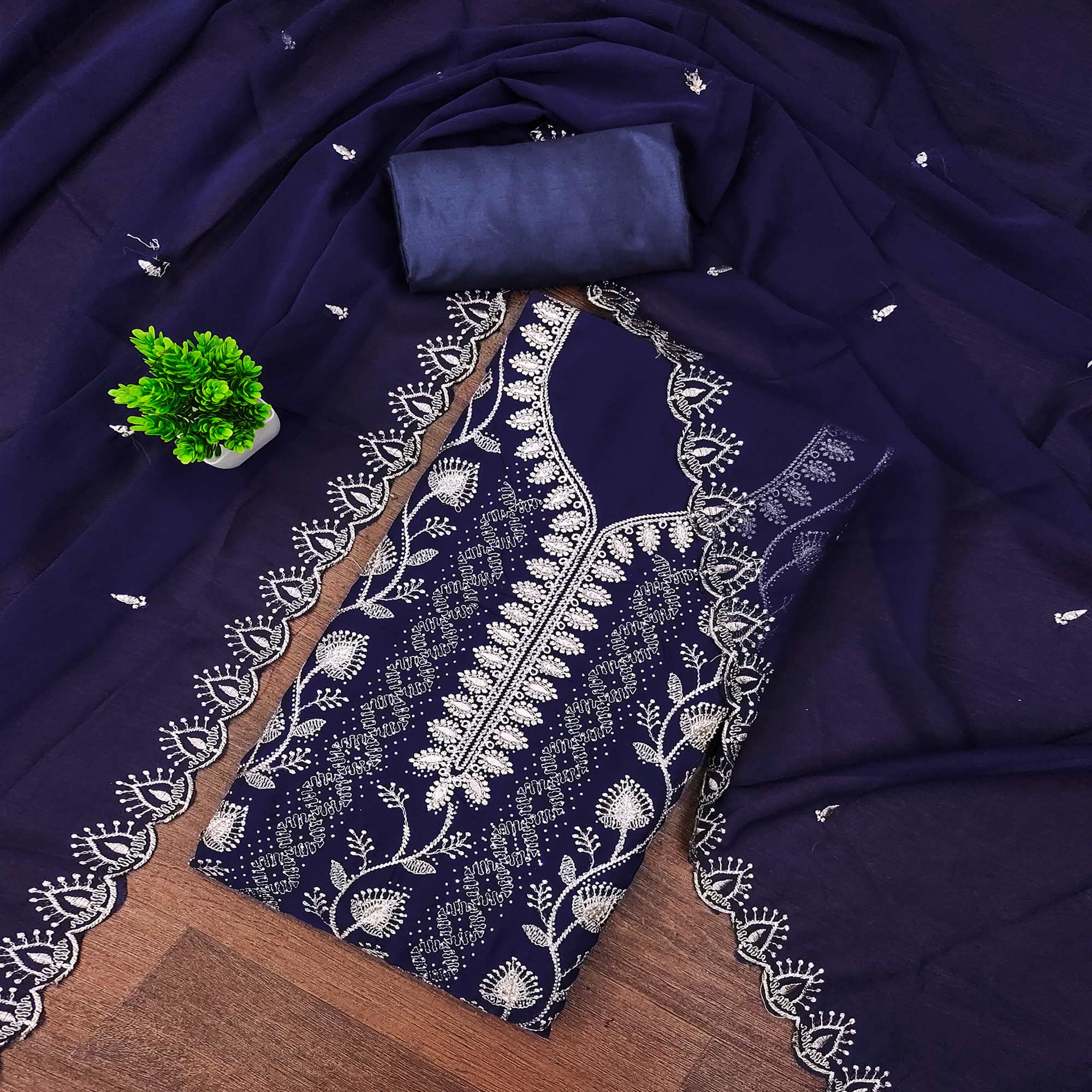 Blue Unstitched Georgette Suit Material Accented with Beautiful Thread Embroidery