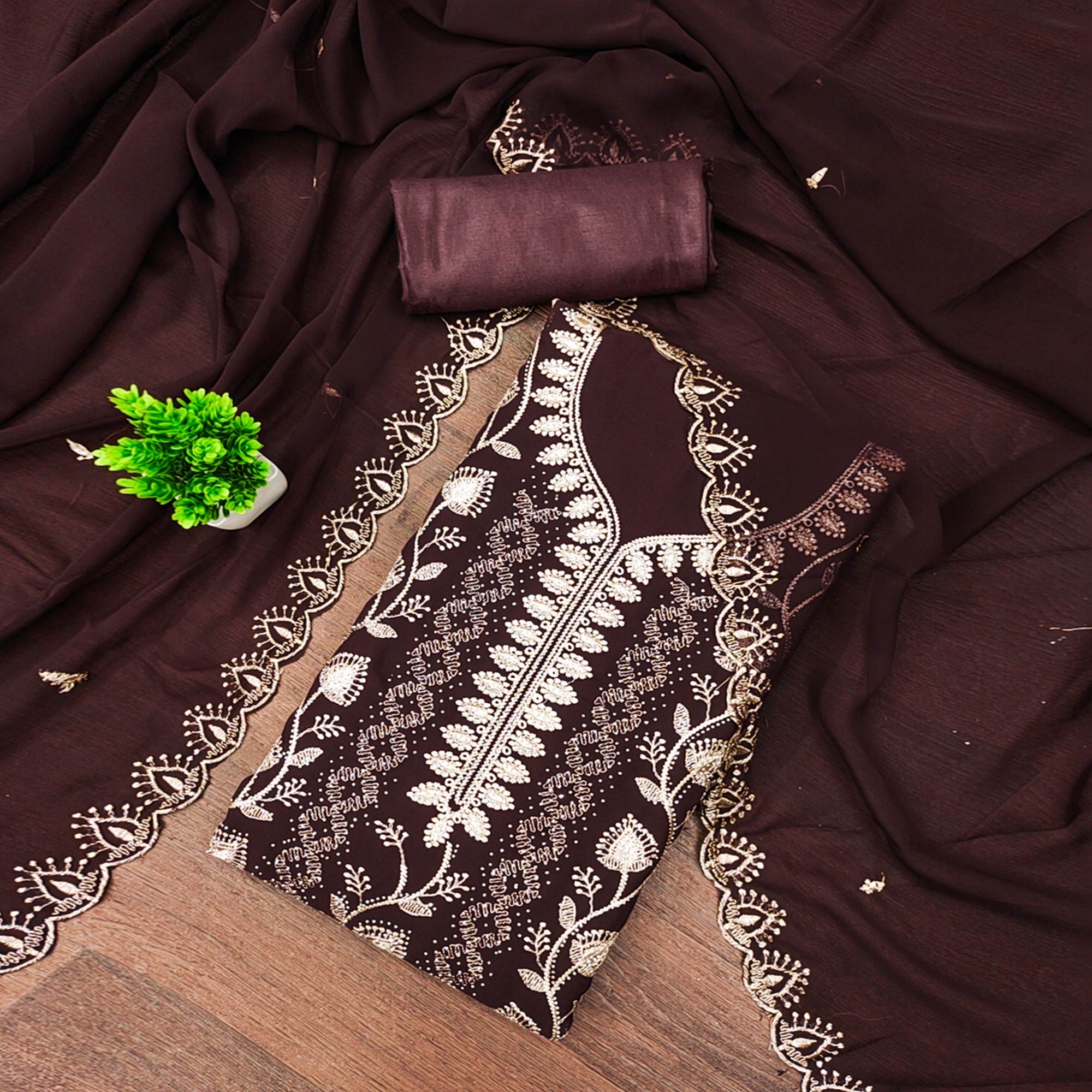 Brown Unstitched Georgette Suit Material Accented with Beautiful Thread Embroidery