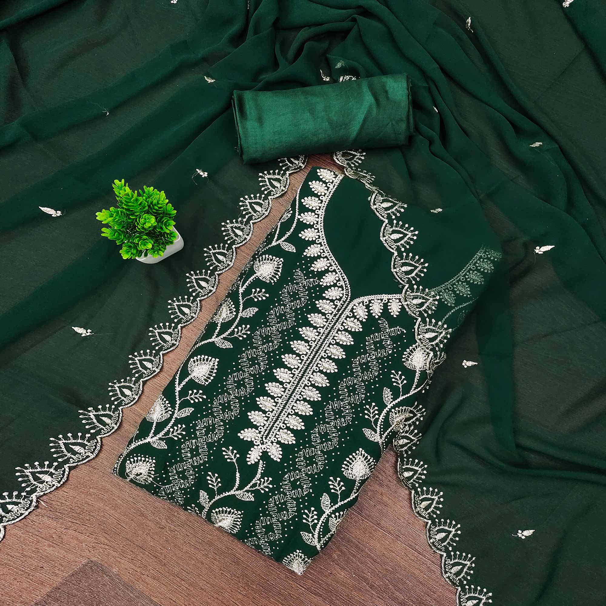 Green Unstitched Georgette Suit Material Accented with Beautiful Thread Embroidery