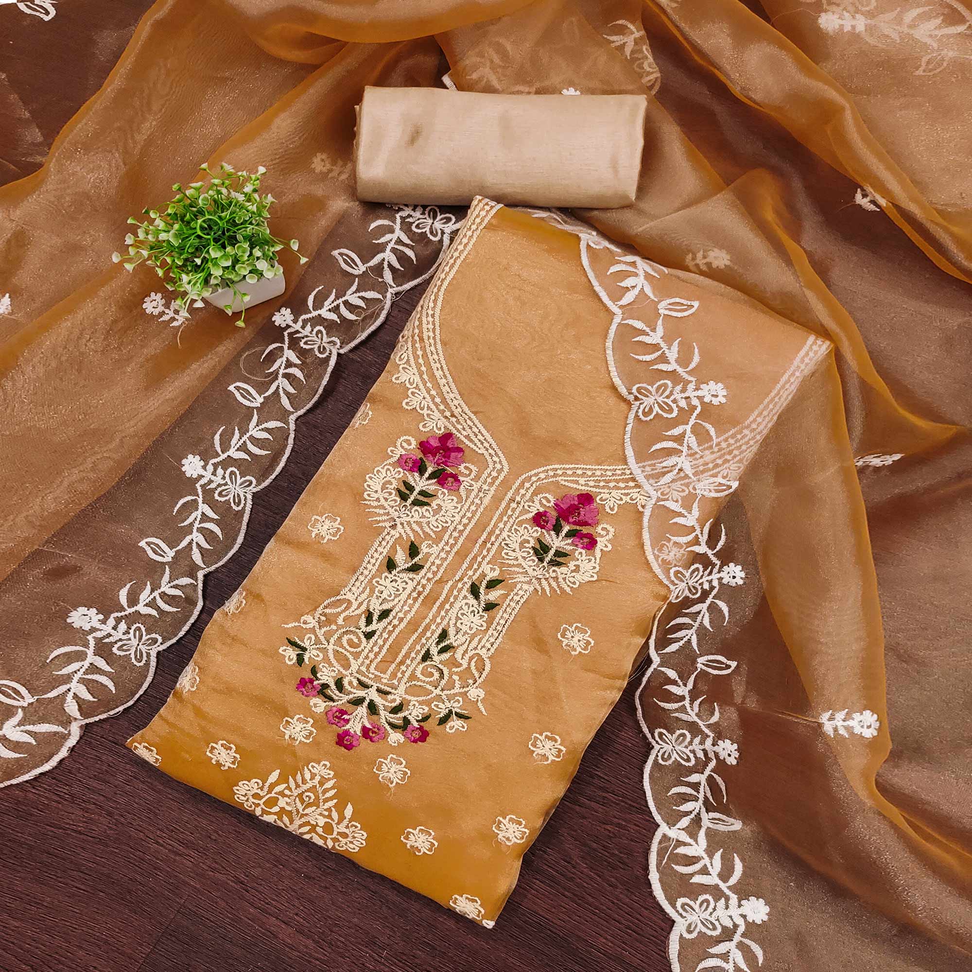 Lightweight Beige Organza Unstitched Suit Material with Intricate Floral Work