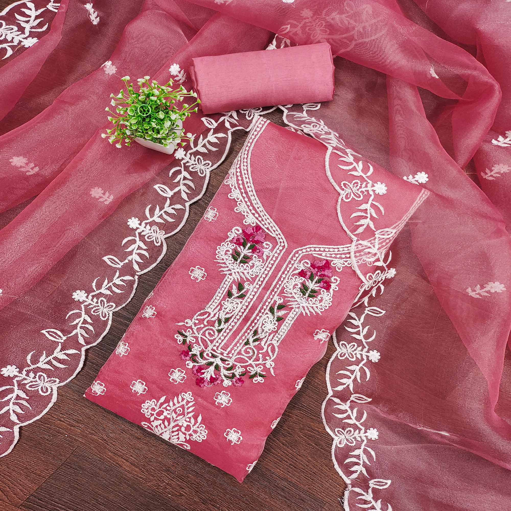 Lightweight Pink Organza Unstitched Suit Material with Intricate Floral Work