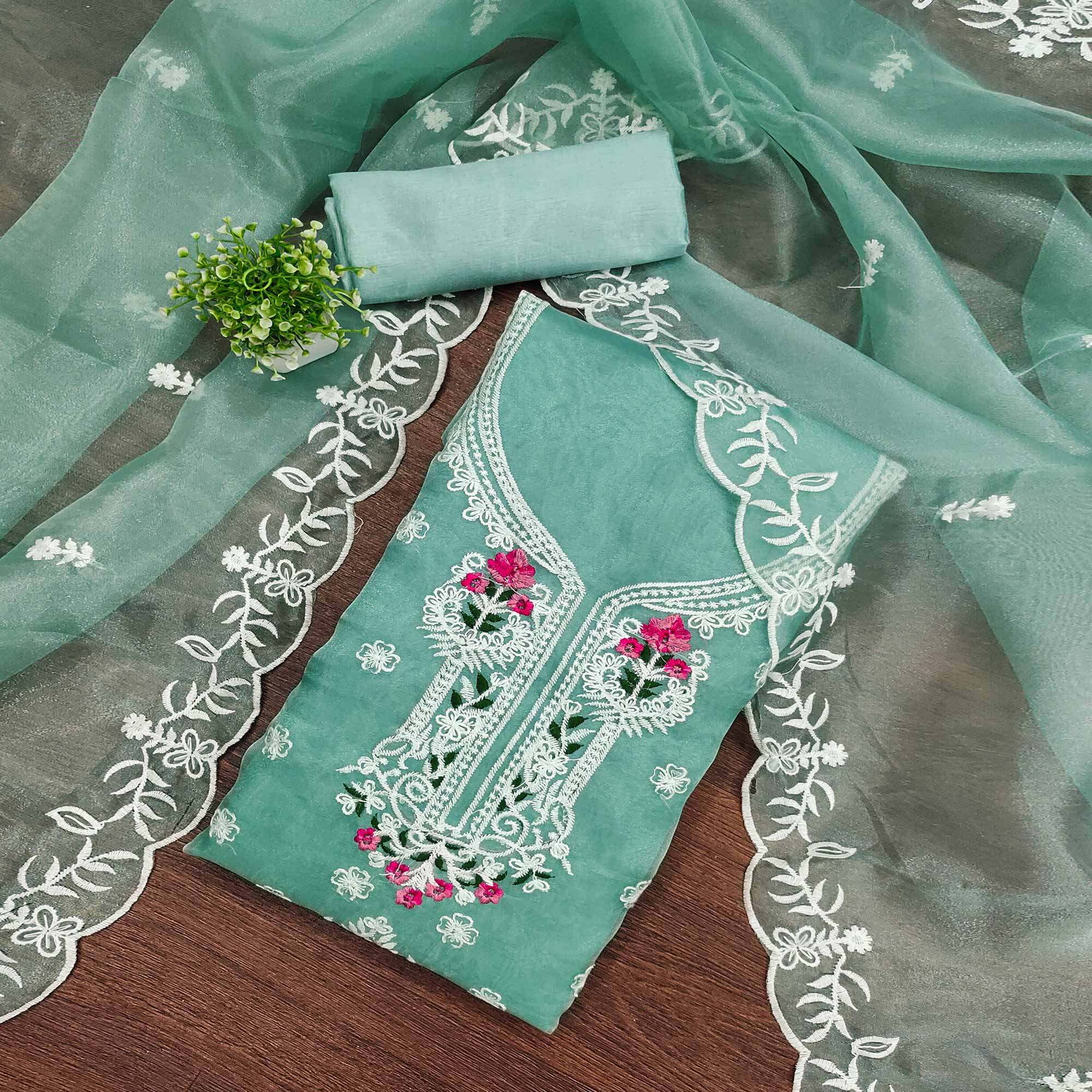 Lightweight Sea Green Organza Unstitched Suit Material with Intricate Floral Work