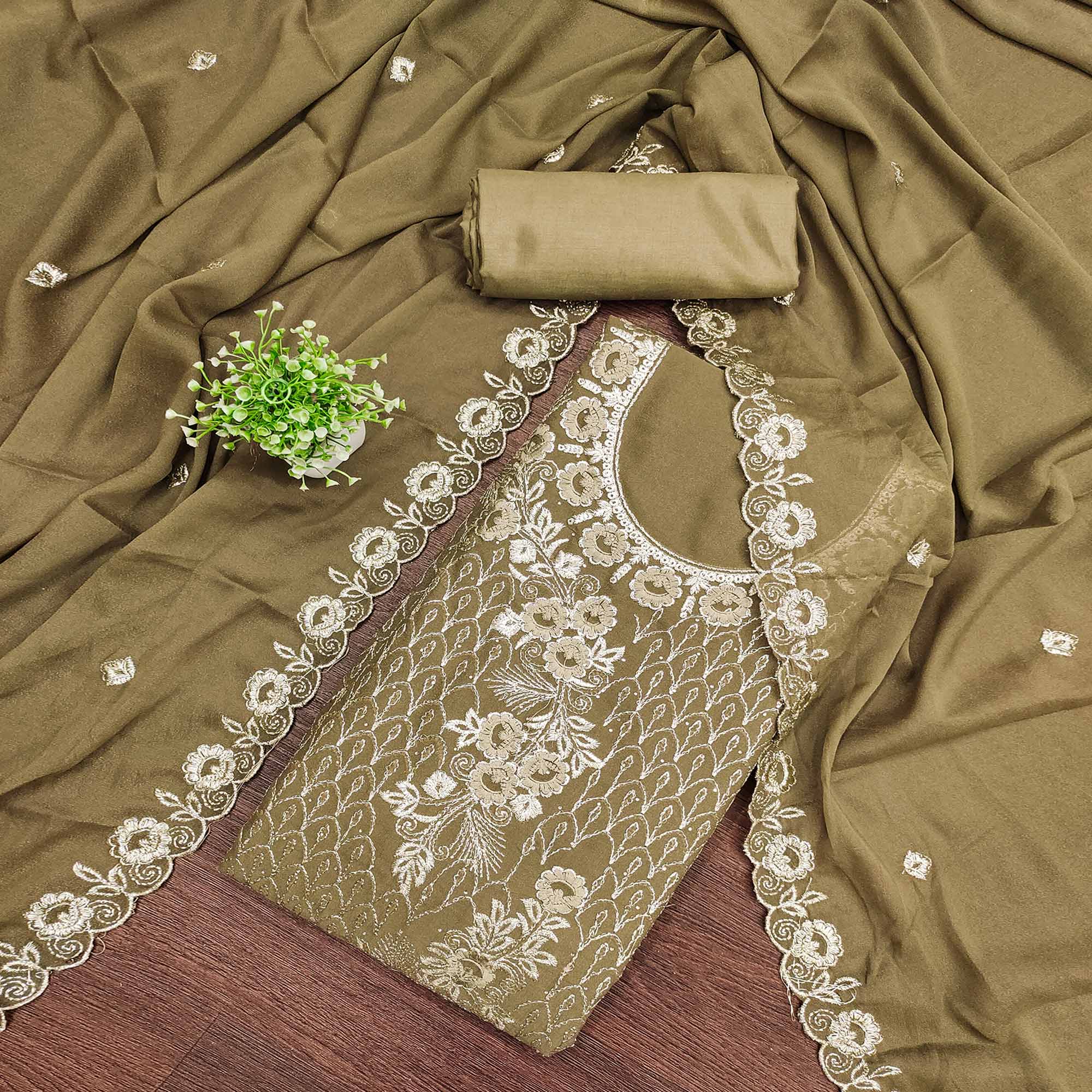 Designer Olive Floral Work Embroidered Georgette Unstitched Dress Material