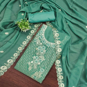 Designer Sea Green Floral Work Embroidered Georgette Unstitched Dress Material