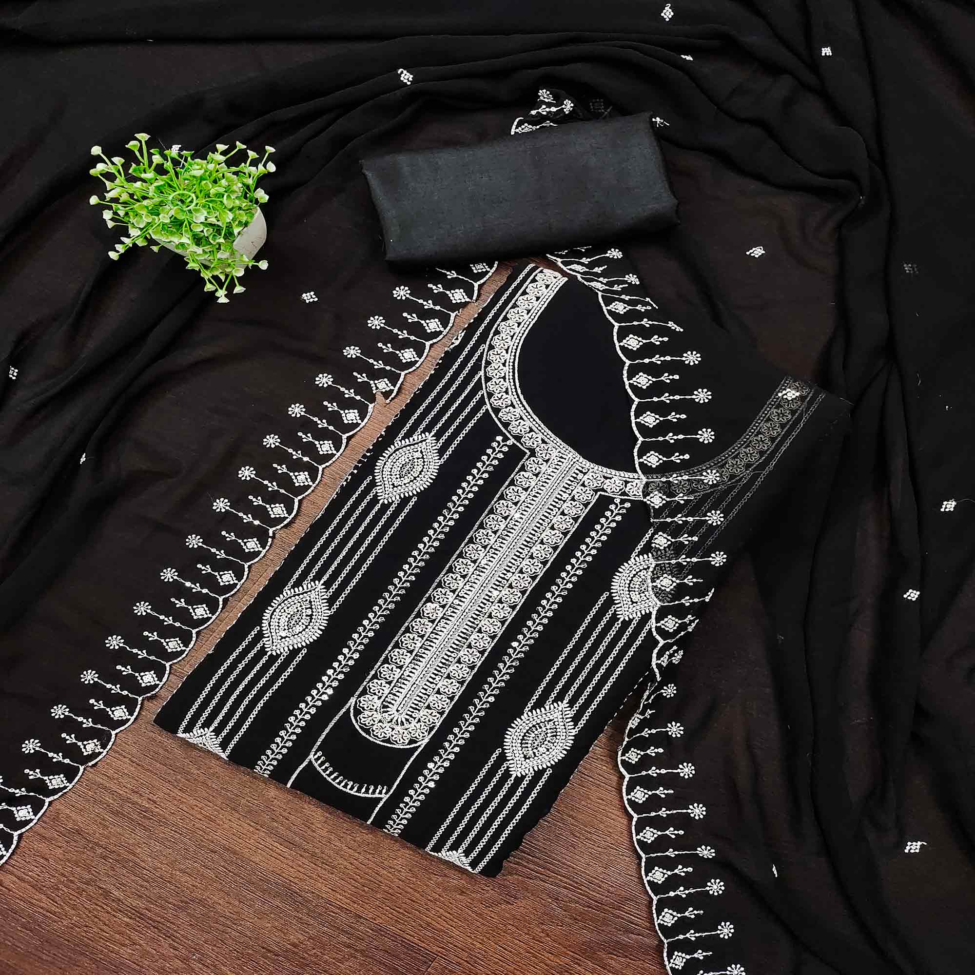 Black Star Georgette Suit Fabric Highlighted with Fine Thread Embroidery Work