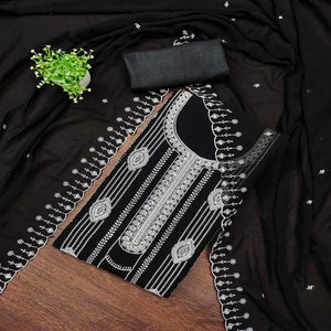 Black Star Georgette Suit Fabric Highlighted with Fine Thread Embroidery Work