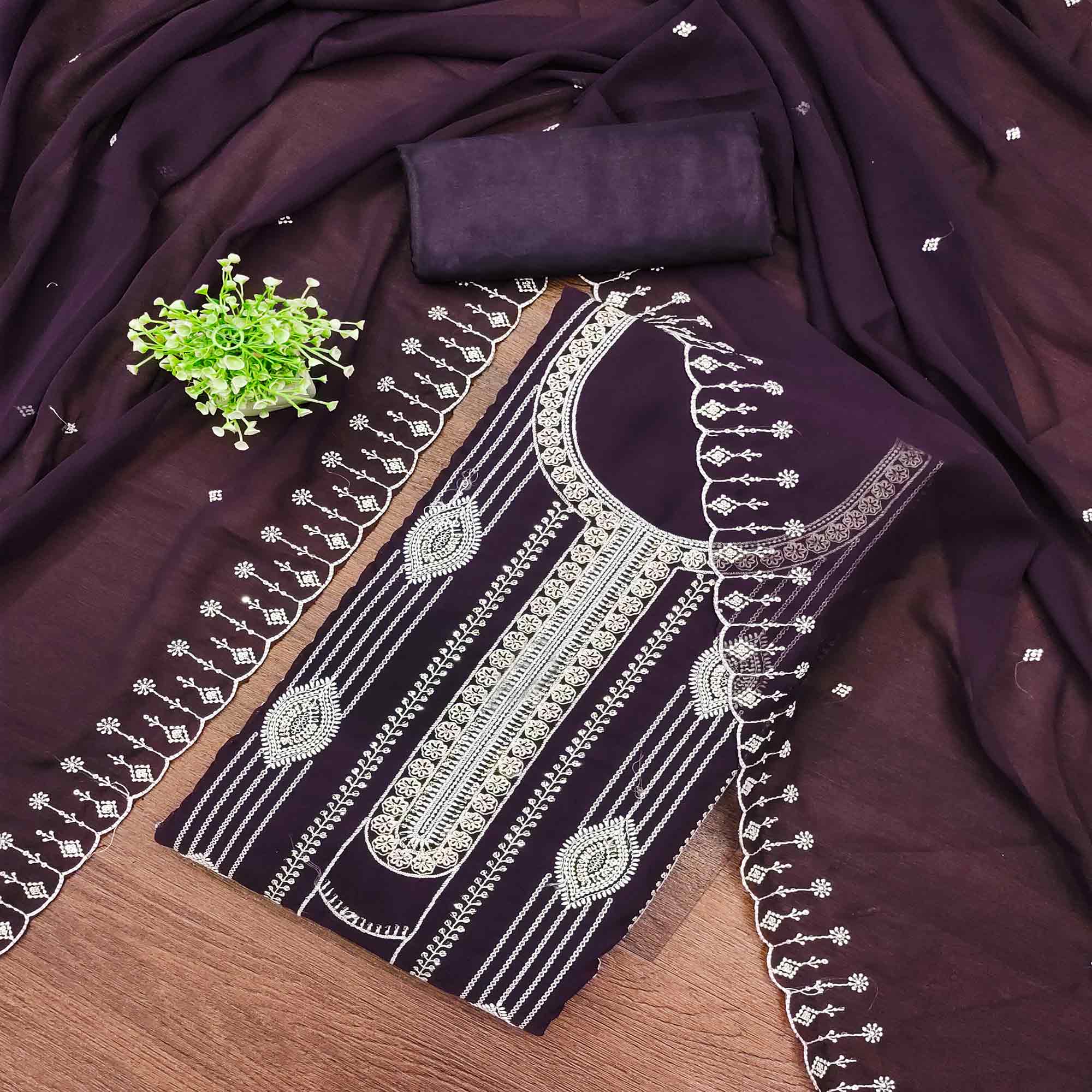 Purple Star Georgette Suit Fabric Highlighted with Fine Thread Embroidery Work