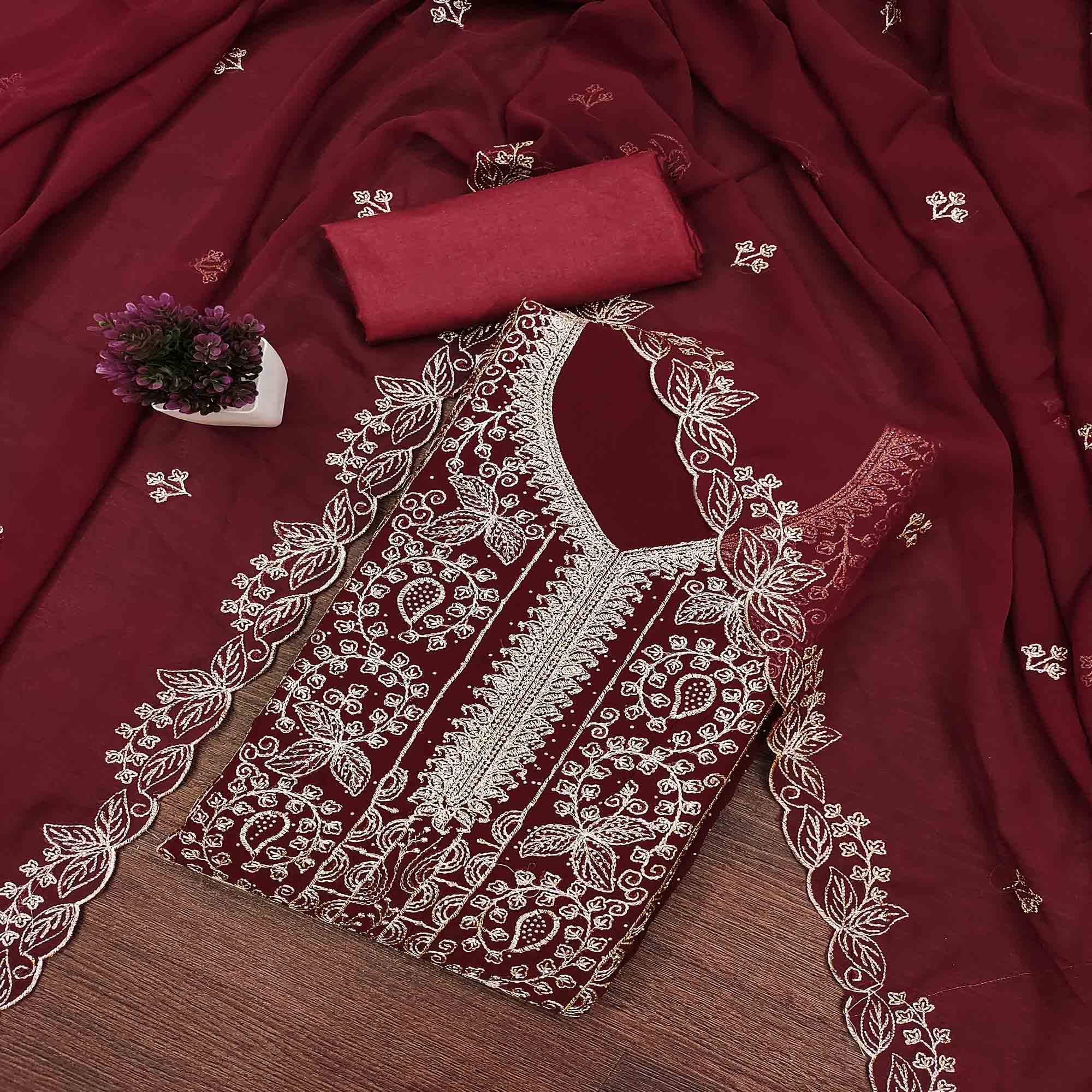 Maroon Star Georgette Unstitched Dress Material with Intricate Embroidery Work