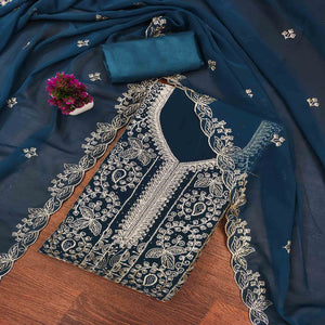 Teal Star Georgette Unstitched Dress Material with Intricate Embroidery Work