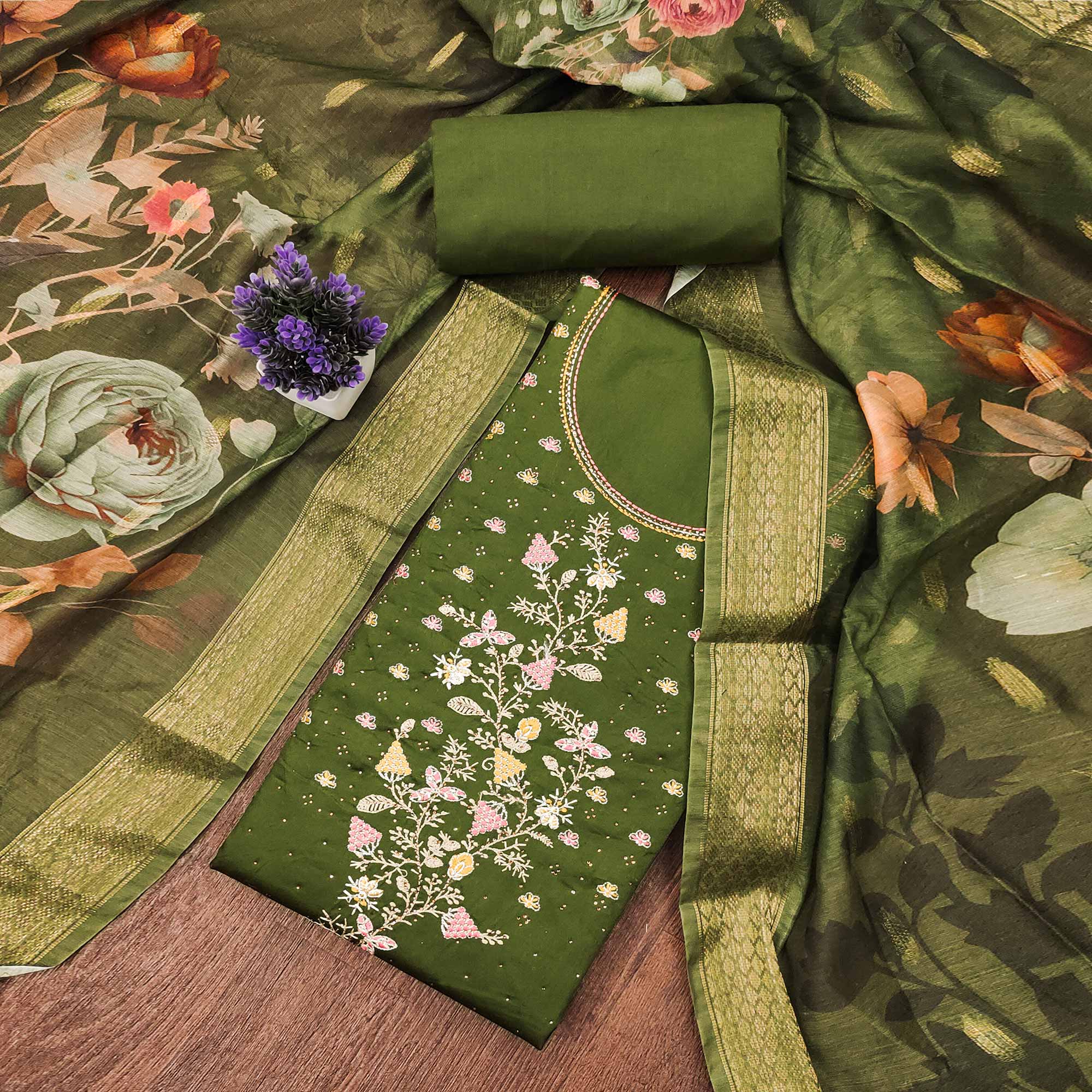 Soft Green Cotton Blend Unstitched Suit Material with Delicate Floral Embroidery