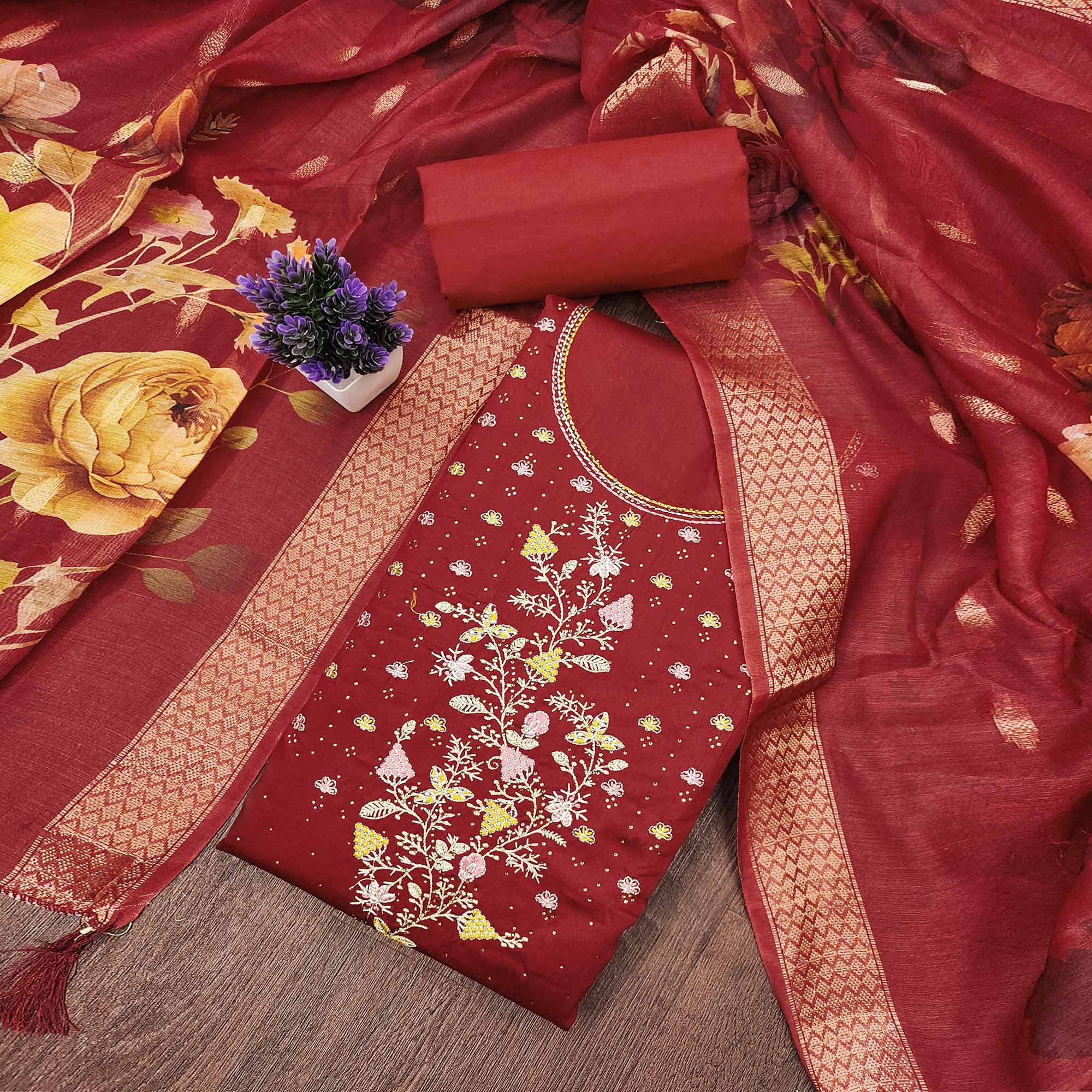 Soft Maroon Cotton Blend Unstitched Suit Material with Delicate Floral Embroidery