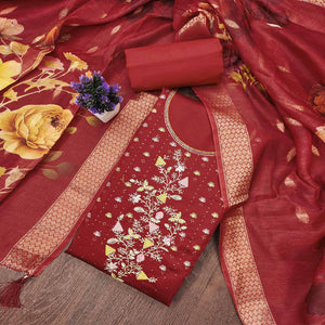 Soft Maroon Cotton Blend Unstitched Suit Material with Delicate Floral Embroidery