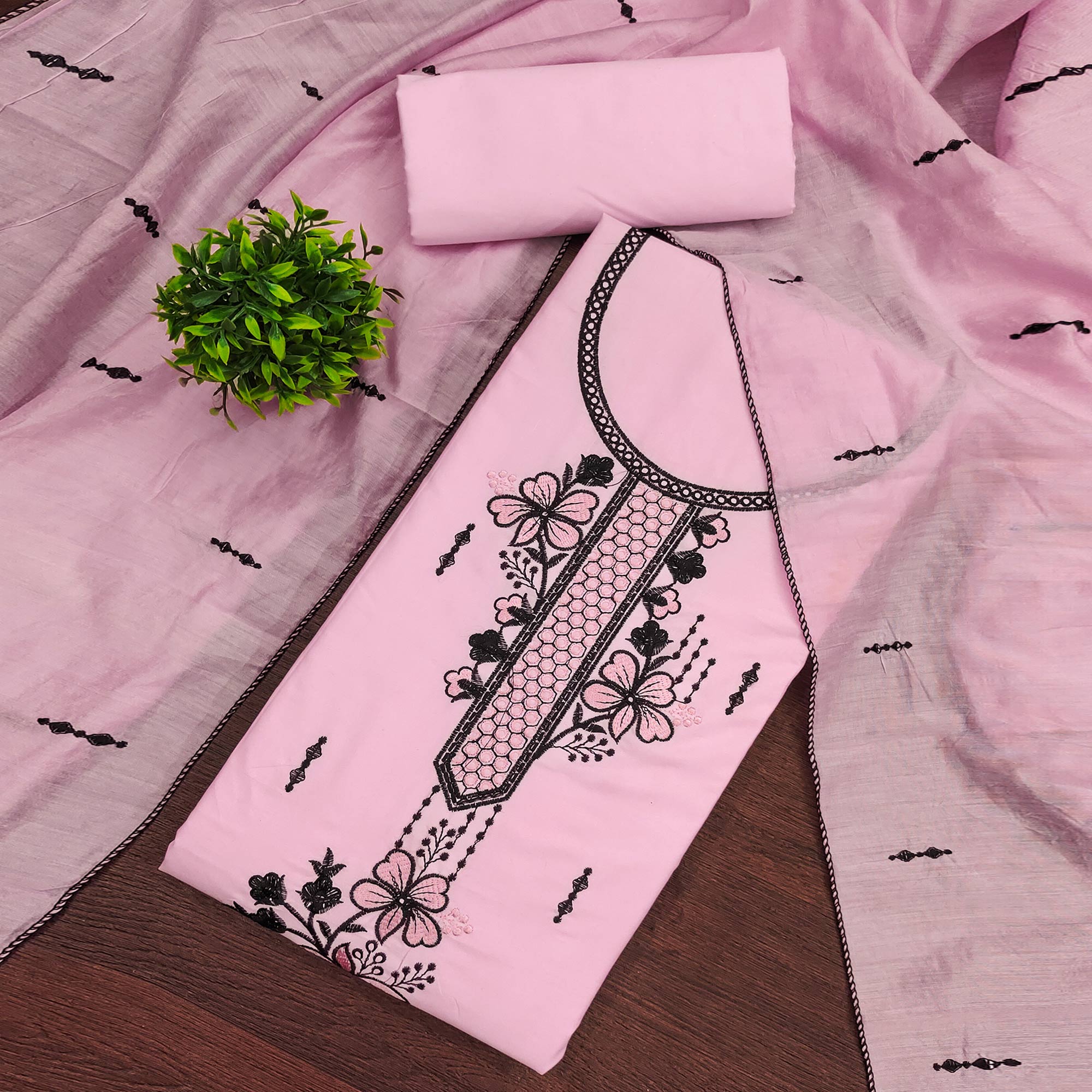 Elegant Pink Cotton Blend Dress Material with Delicate Thread Embroidered Detailing