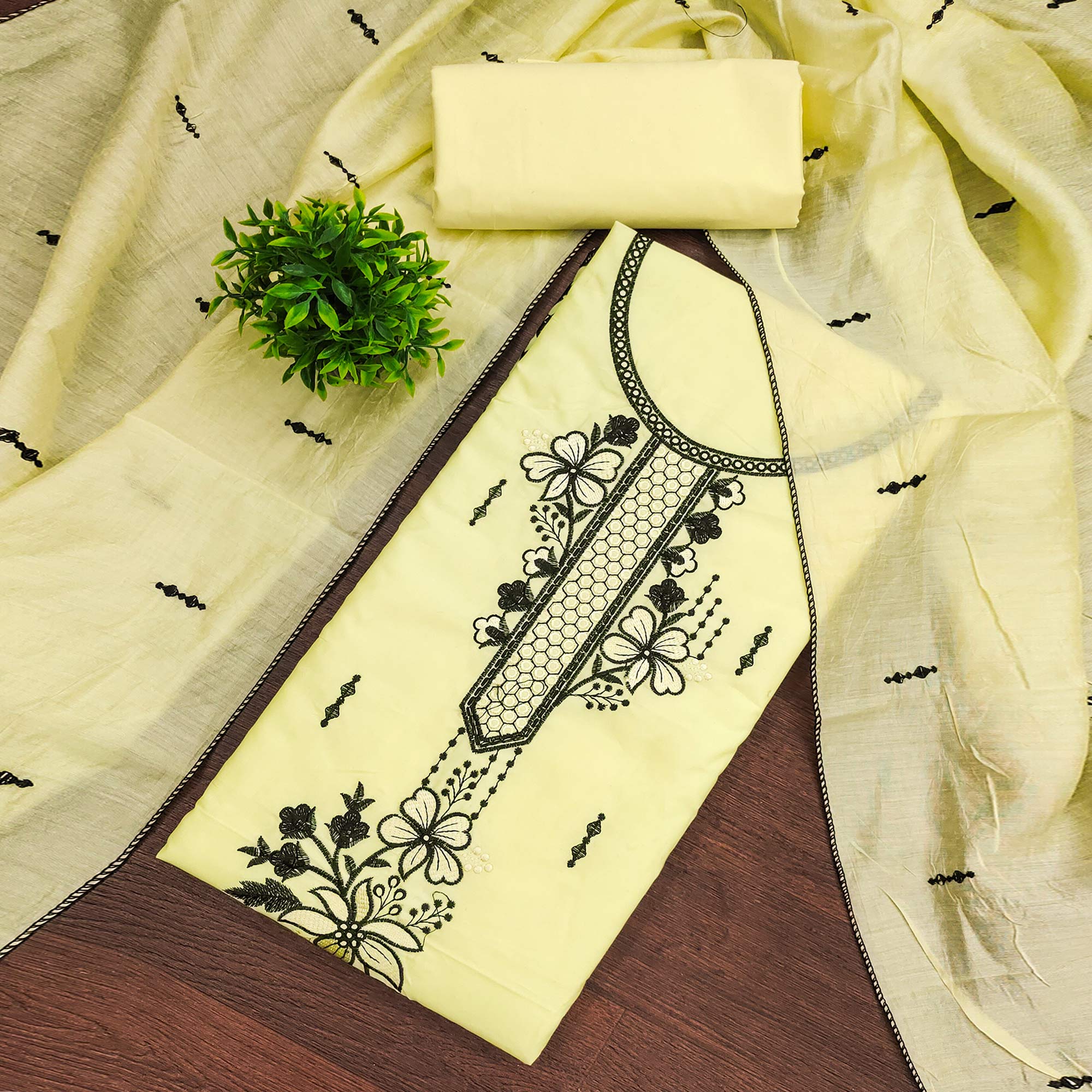 Elegant Yellow Cotton Blend Dress Material with Delicate Thread Embroidered Detailing