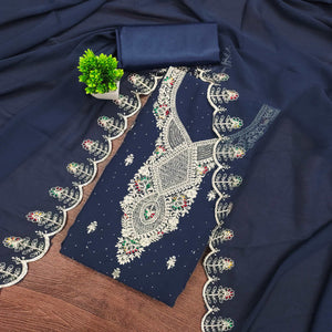 Blue Georgette Dress Material Adorned With Elegant Floral Embroidery & Shimmering Swarovski Work