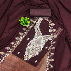 Brown Georgette Dress Material Adorned With Elegant Floral Embroidery & Shimmering Swarovski Work