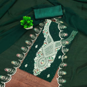 Green Georgette Dress Material Adorned With Elegant Floral Embroidery & Shimmering Swarovski Work