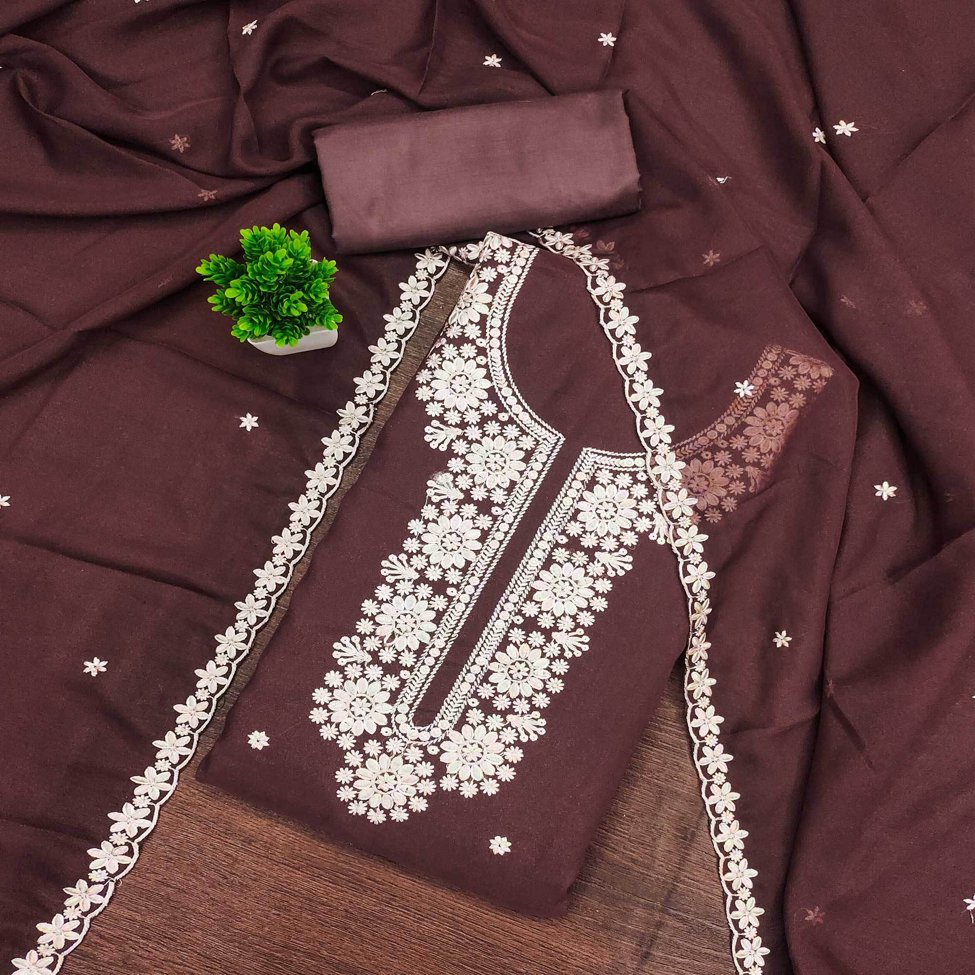 Chic Brown Floral Thread Embroidered Star Georgette Unstitched Suit Fabric