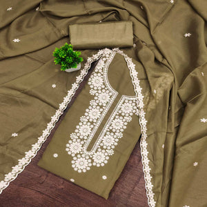 Chic Olive Floral Thread Embroidered Star Georgette Unstitched Suit Fabric