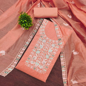 Peach Unstitched Suit Material in Premium Floral Thread Embroidered Chanderi Silk