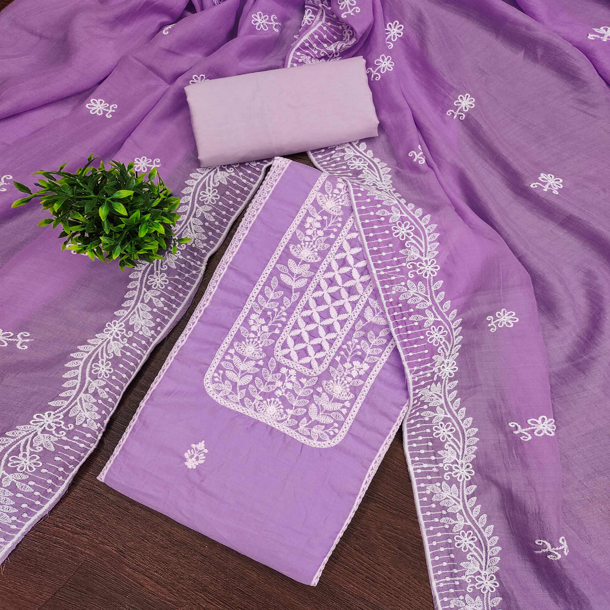Lavender Unstitched Suit Material in Luxurious Cotton Silk with Exquisite Floral Embroidery