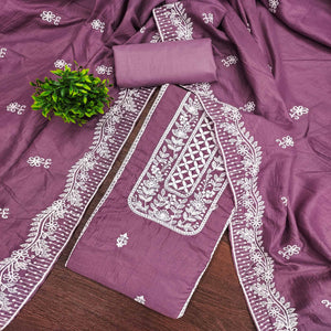 Mauve Unstitched Suit Material in Luxurious Cotton Silk with Exquisite Floral Embroidery
