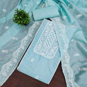 Sky Blue Unstitched Suit Material in Luxurious Cotton Silk with Exquisite Floral Embroidery