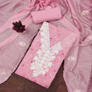Feminine Pink Floral Thread Work Chanderi Silk Fabric for Traditional & Festive Outfits