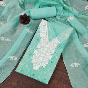 Feminine Turquoise Floral Thread Work Chanderi Silk Fabric for Traditional & Festive Outfits