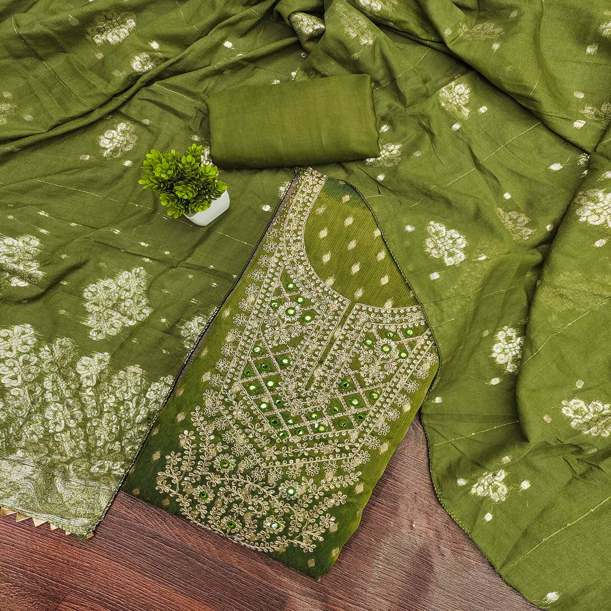 Green Embroidered Shimmer Fabric with Beautiful Zari Work for Unstitched Suits