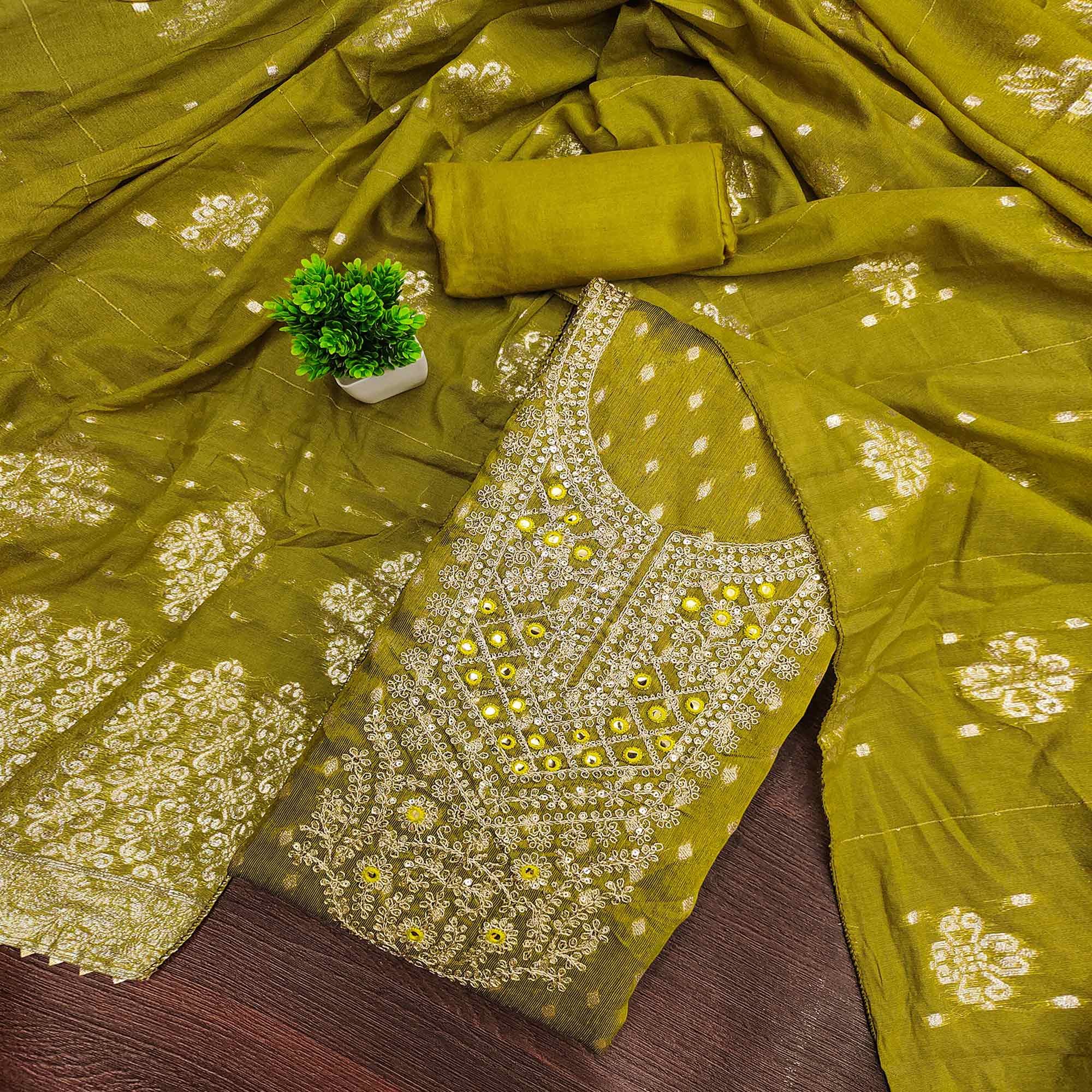 Olive Embroidered Shimmer Fabric with Beautiful Zari Work for Unstitched Suits