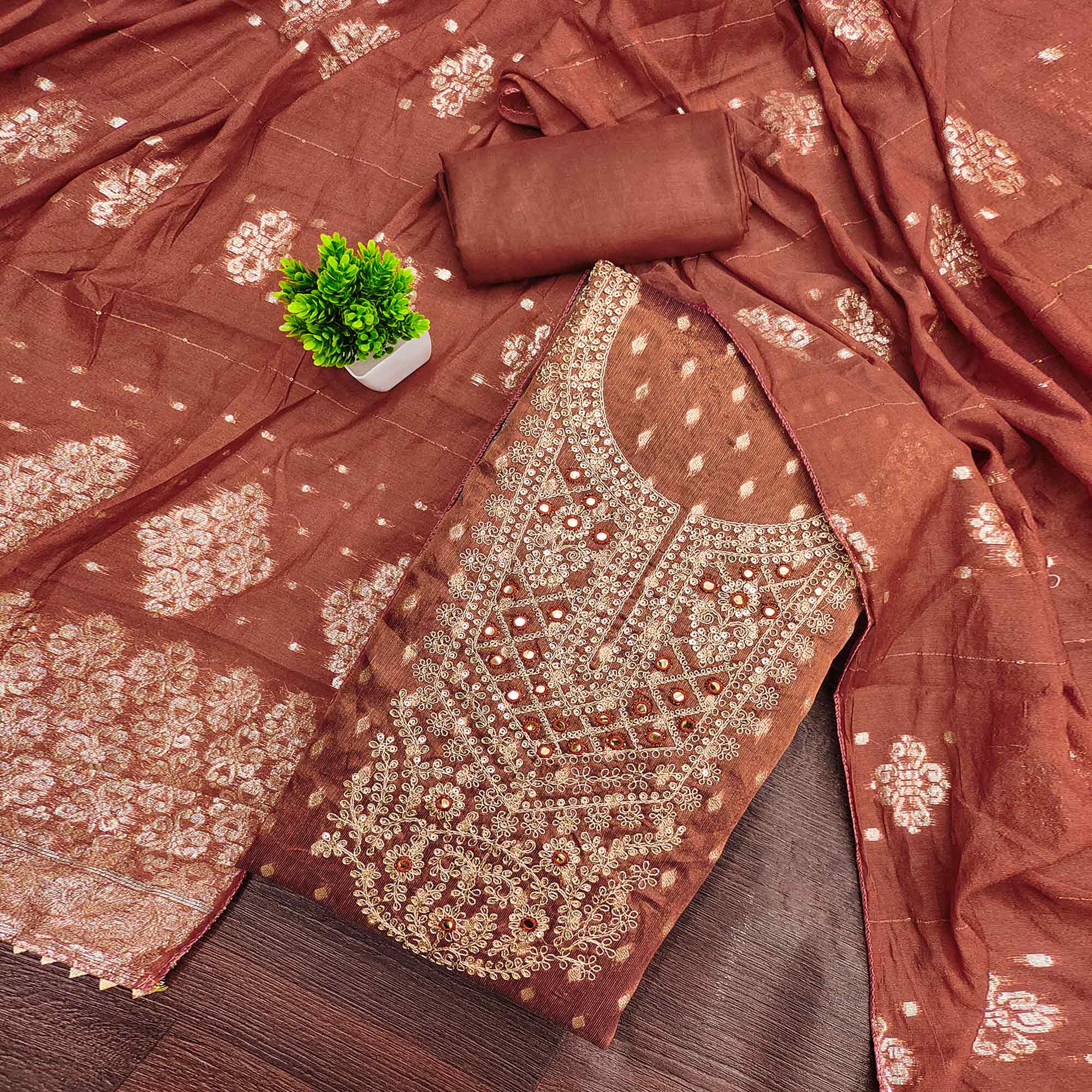 Rust Embroidered Shimmer Fabric with Beautiful Zari Work for Unstitched Suits