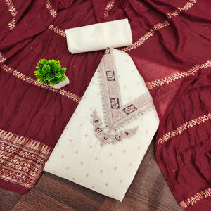 Off-White & Maroon Chanderi Silk Unstitched Dress Material with Zari Weaving and Embroidery