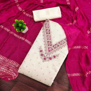 Off-White & Pink Chanderi Silk Unstitched Dress Material with Zari Weaving and Embroidery
