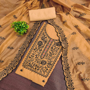 Chikoo Chanderi Cotton Dress Material Accented With Delicate Floral Thread Work