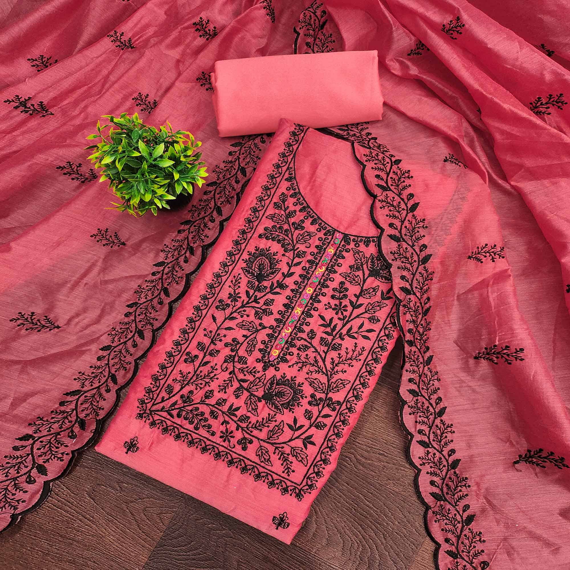 Gajari Pink Chanderi Cotton Dress Material Accented With Delicate Floral Thread Work