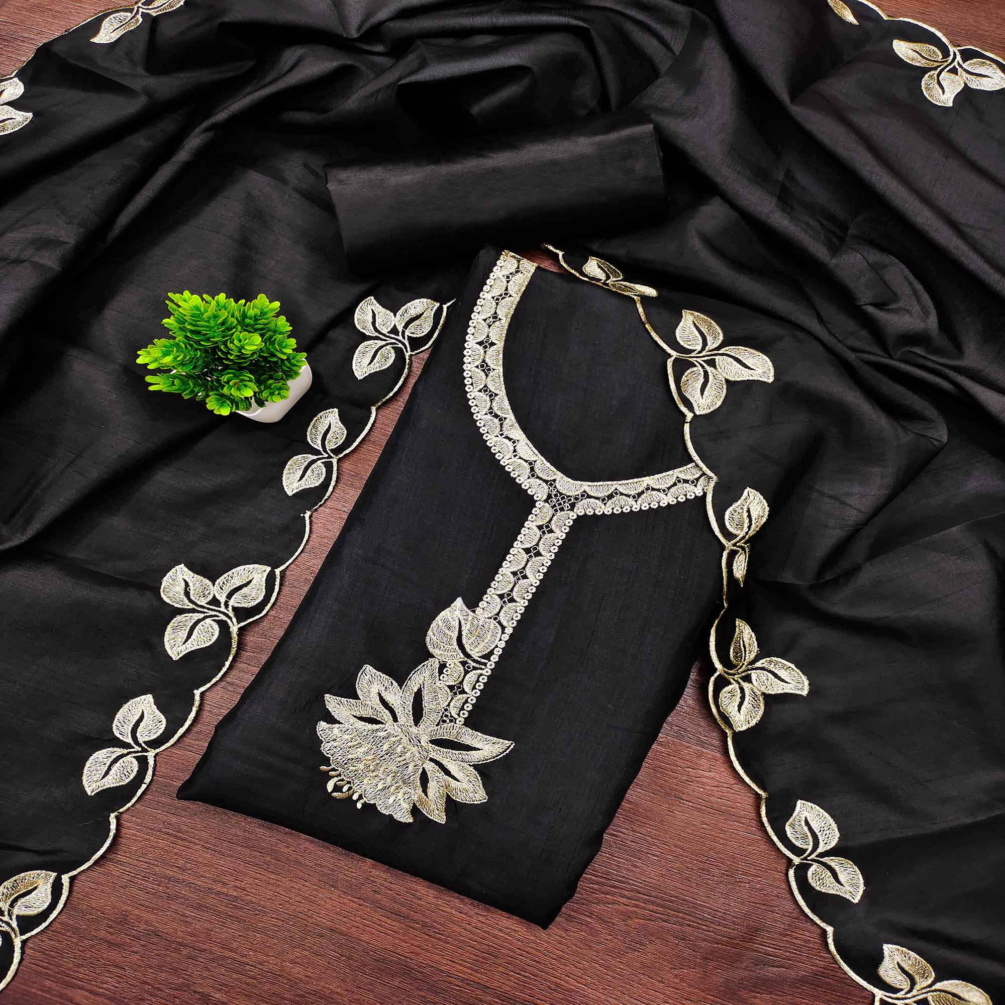 Classic Black Heavy Embroidered Cotton Blend Dress Material With Floral Thread Detailing