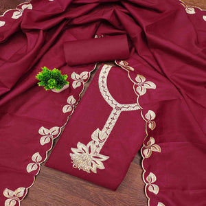 Classic Maroon Heavy Embroidered Cotton Blend Dress Material With Floral Thread Detailing