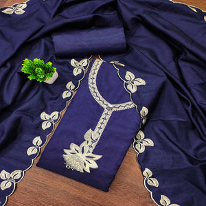 Classic Navy Blue Heavy Embroidered Cotton Blend Dress Material With Floral Thread Detailing