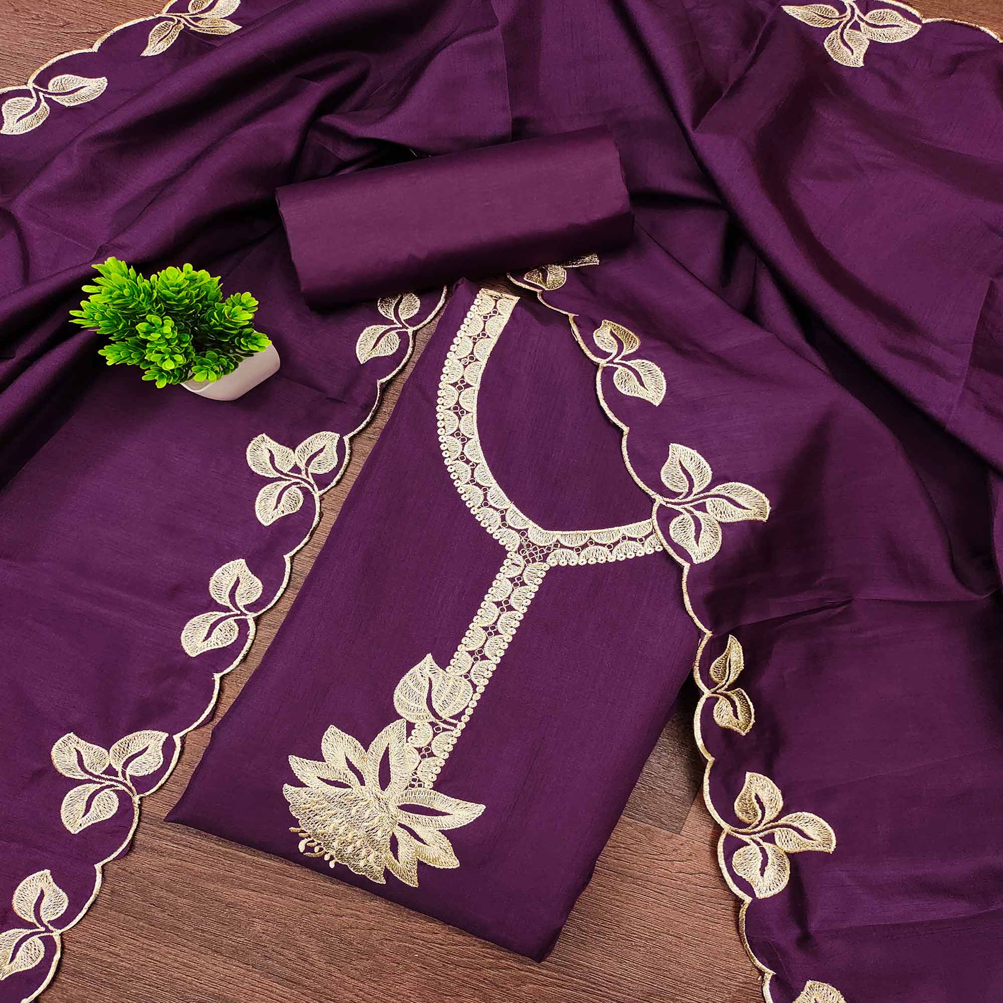 Classic Purple Heavy Embroidered Cotton Blend Dress Material With Floral Thread Detailing