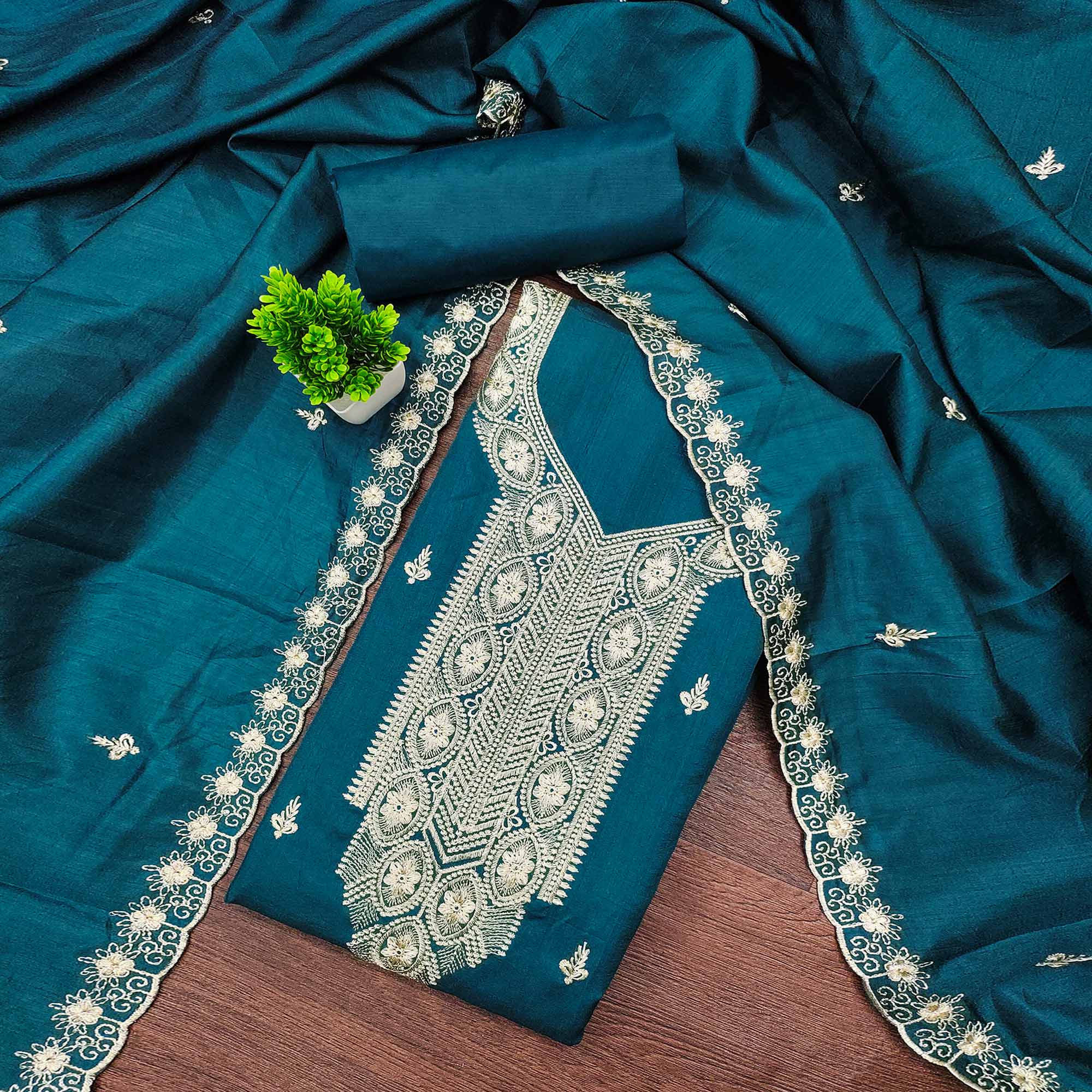 Blue Dress Material In Cotton Blend Featuring Exquisite Floral Embroidery