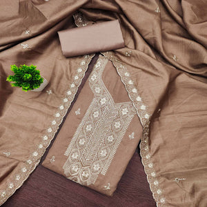 Brown Dress Material In Cotton Blend Featuring Exquisite Floral Embroidery