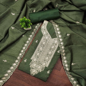 Green Dress Material In Cotton Blend Featuring Exquisite Floral Embroidery