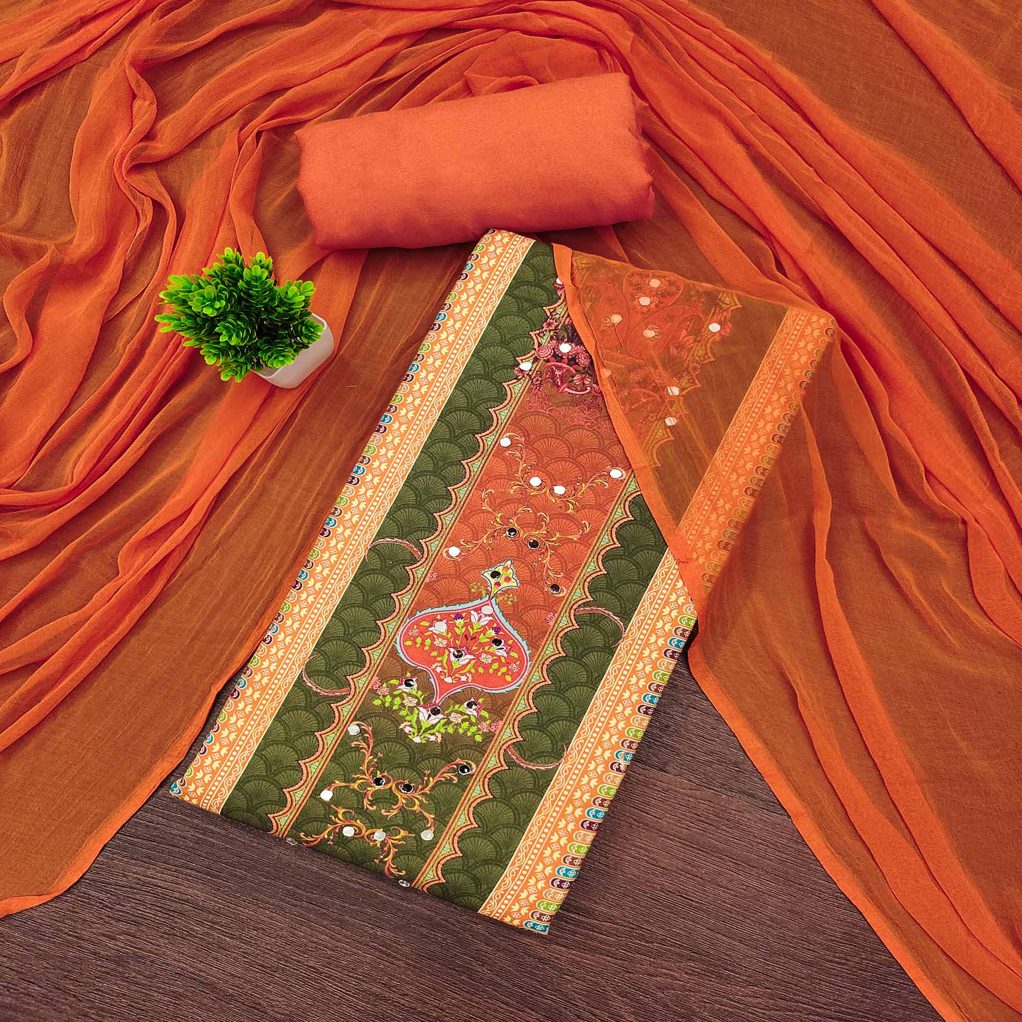 Stylish Green Floral Digital Printed Rayon Dress Material Adorned With Mirror Embellishments