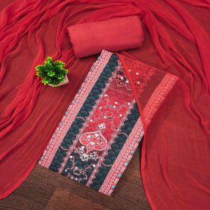 Stylish Teal Floral Digital Printed Rayon Dress Material Adorned With Mirror Embellishments