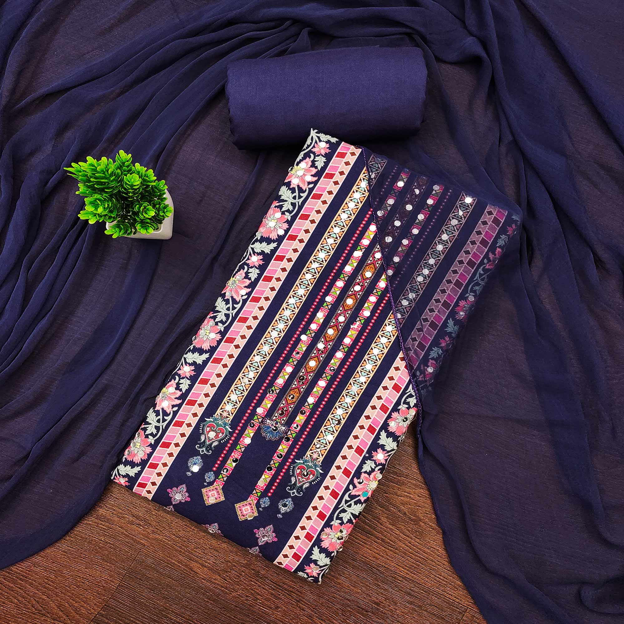 Blue Paisley & Floral Digital Printed Rayon Dress Material With Intricate Mirror Work